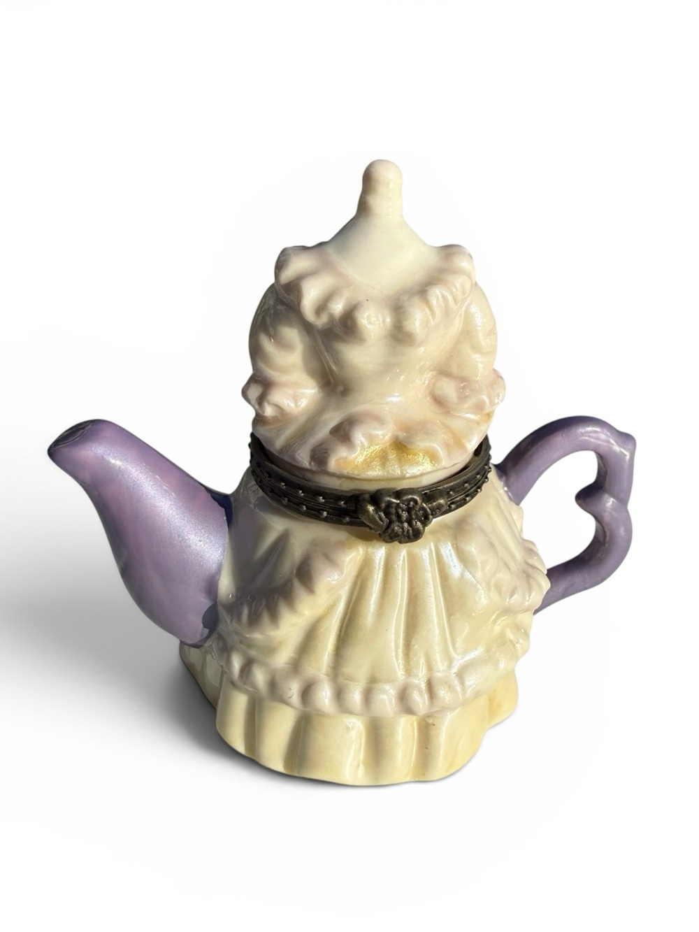Vintage Dress Teapot Trinket Box Ceramic Hinged Jewelry Box Cottagecore Decor 3”